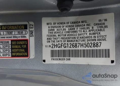 2007 Honda Civic Lx from USA, damaged, VIN 2HGFG12687H502887